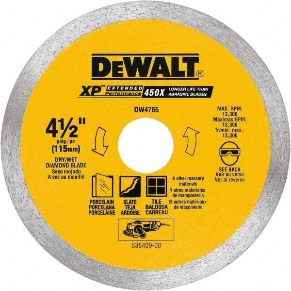 DeWALT - 4-1/2" Diam, 5/8 & 7/8" Arbor Hole Diam, Wet & Dry Cut Saw Blade - Diamond-Tipped, Standard Round Arbor - Eagle Tool & Supply