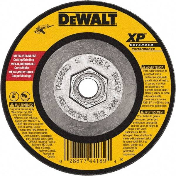 DeWALT - 24 Grit, 6" Wheel Diam, 1/8" Wheel Thickness, Type 27 Depressed Center Wheel - Zirconia Alumina, Resinoid Bond, 10,100 Max RPM, Compatible with Angle Grinder - Eagle Tool & Supply