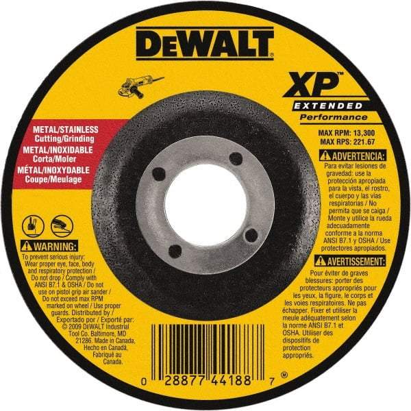 DeWALT - 24 Grit, 5" Wheel Diam, 1/8" Wheel Thickness, 7/8" Arbor Hole, Type 27 Depressed Center Wheel - Zirconia Alumina, Resinoid Bond, 12,200 Max RPM, Compatible with Angle Grinder - Eagle Tool & Supply