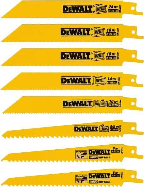 DeWALT - 8 Pieces, 4" to 6" Long x 0.04" Thickness, Bi-Metal Reciprocating Saw Blade Set - Straight Profile, 4 to 24 Teeth, Toothed Edge - Eagle Tool & Supply