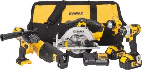 DeWALT - 5 Piece 20 Volt Cordless Tool Combination Kit - Includes 1/2" Hammerdrill, 1/4" Impact Driver, Reciprocating Saw, 6-1/2" Circular Saw & LED Worklight, Lithium-Ion Battery Included - Eagle Tool & Supply