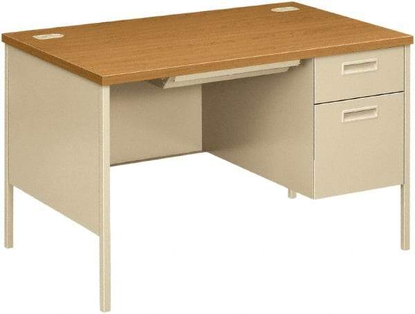 Hon - Laminate/Metal Right Pedestal Desk with Center Drawer - 48" Wide x 30" Deep x 29" High, Harvest/Putty - Eagle Tool & Supply