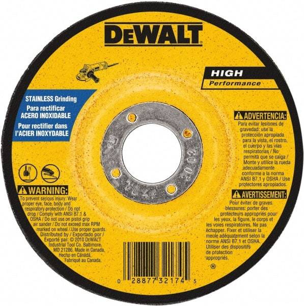 DeWALT - 30 Grit, 6" Wheel Diam, 1/4" Wheel Thickness, 7/8" Arbor Hole, Type 27 Depressed Center Wheel - Aluminum Oxide, 10,100 Max RPM, Compatible with Angle Grinder - Eagle Tool & Supply