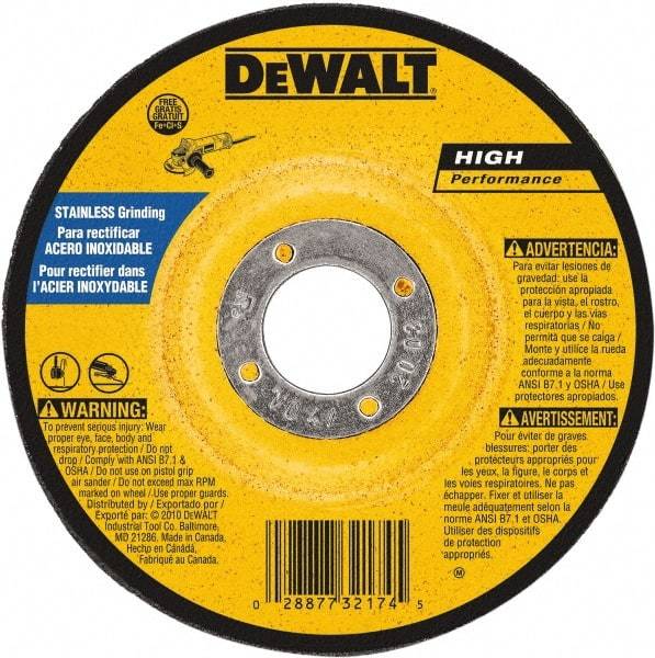 DeWALT - 30 Grit, 5" Wheel Diam, 1/4" Wheel Thickness, 7/8" Arbor Hole, Type 27 Depressed Center Wheel - Aluminum Oxide, 12,200 Max RPM, Compatible with Angle Grinder - Eagle Tool & Supply