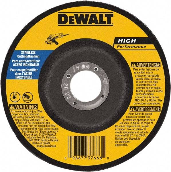 DeWALT - 30 Grit, 6" Wheel Diam, 1/8" Wheel Thickness, 7/8" Arbor Hole, Type 27 Depressed Center Wheel - Aluminum Oxide, 10,100 Max RPM, Compatible with Angle Grinder - Eagle Tool & Supply