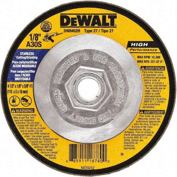 DeWALT - 30 Grit, 4-1/2" Wheel Diam, 1/8" Wheel Thickness, Type 27 Depressed Center Wheel - Aluminum Oxide, 13,300 Max RPM, Compatible with Angle Grinder - Eagle Tool & Supply