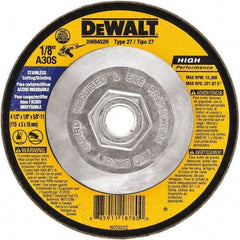 DeWALT - 30 Grit, 4-1/2" Wheel Diam, 1/8" Wheel Thickness, Type 27 Depressed Center Wheel - Aluminum Oxide, 13,300 Max RPM, Compatible with Angle Grinder - Eagle Tool & Supply