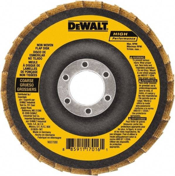 DeWALT - 40 Grit, 4-1/2" Disc Diam, 5/8-11 Center Hole, Type 27 Aluminum Oxide Flap Disc - 13,300 Max RPM, Fiberglass Backing, Arbor Attaching System, Non-Woven - Eagle Tool & Supply