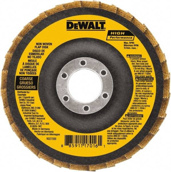 DeWALT - 4-1/2" Disc Diam, 7/8" Center Hole, Type 27 Aluminum Oxide Flap Disc - 13,300 Max RPM, Fiberglass Backing, Arbor Attaching System, Non-Woven - Eagle Tool & Supply