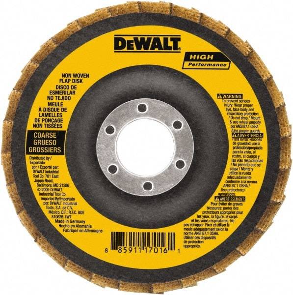 DeWALT - 100 Grit, 4-1/2" Disc Diam, 7/8" Center Hole, Type 27 Aluminum Oxide Flap Disc - 13,300 Max RPM, Fiberglass Backing, Arbor Attaching System, Non-Woven - Eagle Tool & Supply
