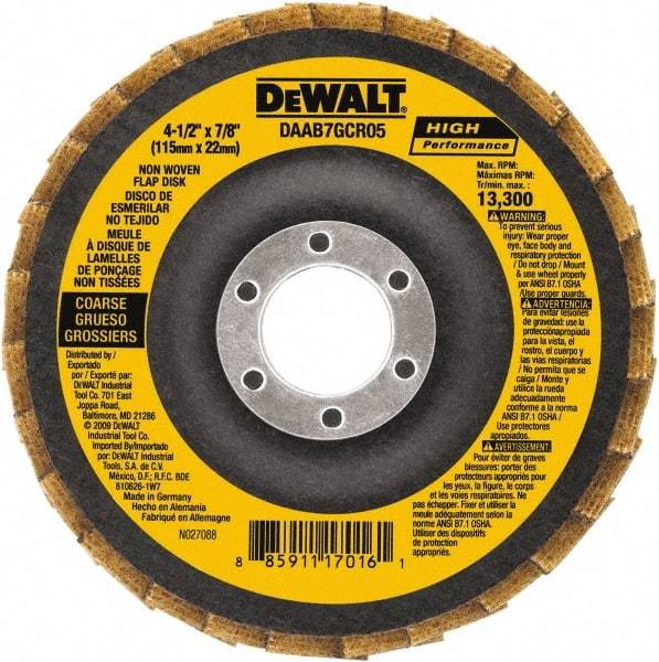 DeWALT - 40 Grit, 4-1/2" Disc Diam, 7/8" Center Hole, Type 27 Aluminum Oxide Flap Disc - 13,300 Max RPM, Fiberglass Backing, Arbor Attaching System, Non-Woven - Eagle Tool & Supply