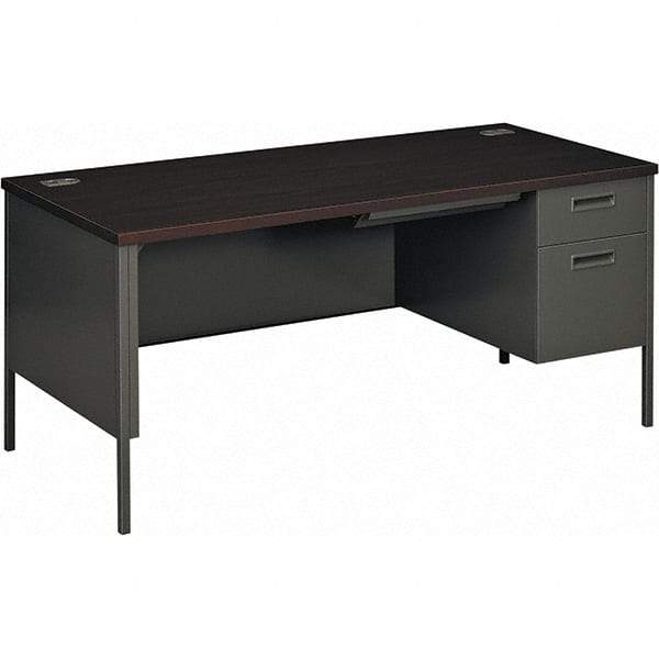 Hon - Plastic Laminated Top Single Pedestal with Right Hand Return Desk with Center Drawer - 66" Wide x 30" Deep x 29-1/2" High, Mahogany/Charcoal - Eagle Tool & Supply