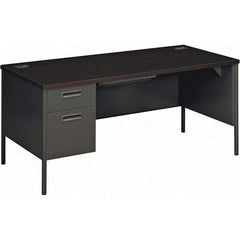 Hon - Plastic Laminated Top Single Pedestal Desk with Center Drawer - 66" Wide x 30" Deep x 29-1/2" High, Mahogany/Charcoal - Eagle Tool & Supply