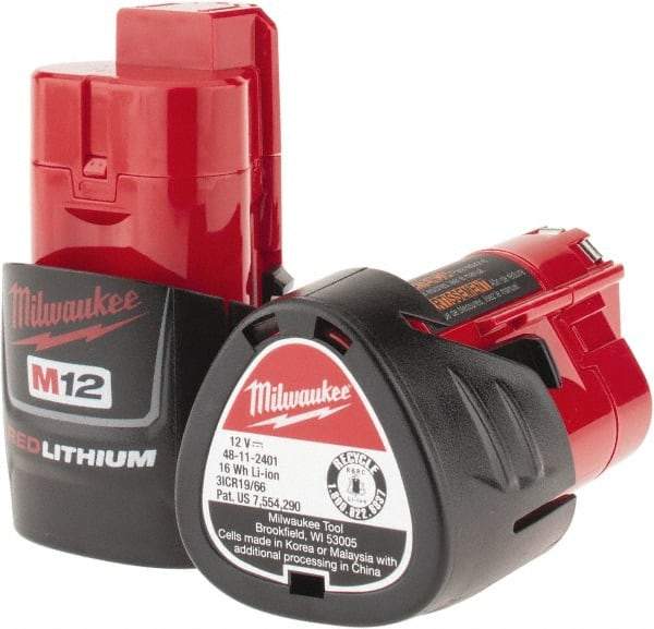 Milwaukee Tool - 12 Volt Lithium-Ion Power Tool Battery - 1.5 Ahr Capacity, 1/2 hr Charge Time, Series M12 RED - Eagle Tool & Supply