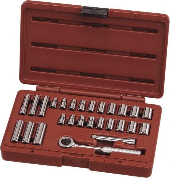 Paramount - 27 Piece 1/4" Drive Chrome Vanadium Finish Deep Well Socket Set - 6, 12 Points, 3/16" to 1/2" (4mm to 13mm) Range, Inch/Metric Measurement Standard - Eagle Tool & Supply