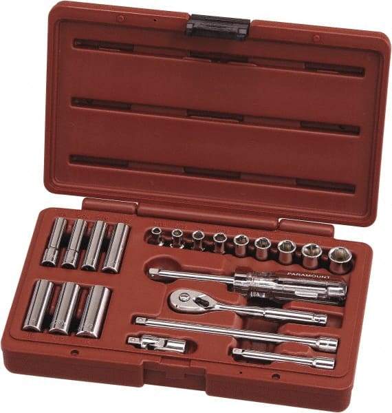 Paramount - 21 Piece 1/4" Drive Chrome Vanadium Finish Deep Well Socket Set - 6 Points, 3/16" to 1/2" Range, Inch Measurement Standard - Eagle Tool & Supply