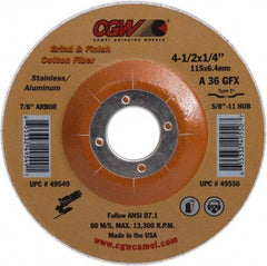 Camel Grinding Wheels - 36 Grit, 4-1/2" Wheel Diam, 1/4" Wheel Thickness, 7/8" Arbor Hole, Type 27 Depressed Center Wheel - Medium Grade, Aluminum Oxide, 13,300 Max RPM - Eagle Tool & Supply