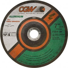 Camel Grinding Wheels - 30 Grit, 9" Wheel Diam, 1/4" Wheel Thickness, 7/8" Arbor Hole, Type 27 Depressed Center Wheel - Medium Grade, Aluminum Oxide, Resinoid Bond, 6,650 Max RPM - Eagle Tool & Supply