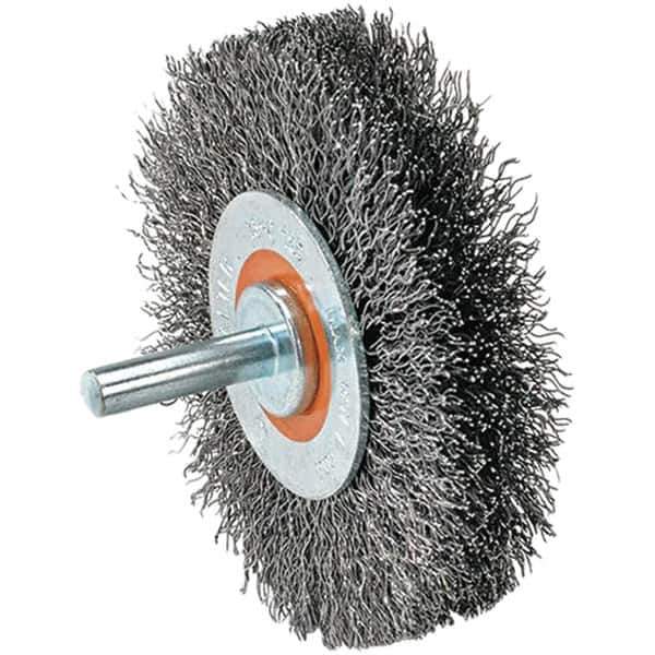 WALTER Surface Technologies - 2" OD, 1/4" Shank Diam, Crimped Stainless Steel Wheel Brush - 5/8" Face Width, 0.0118" Filament Diam, 25,000 RPM - Eagle Tool & Supply