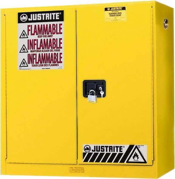 Justrite - 2 Door, 3 Shelf, Yellow Steel Wall Mount Safety Cabinet for Flammable and Combustible Liquids - 44" High x 43" Wide x 12" Deep, Manual Closing Door, 20 Gal Capacity - Eagle Tool & Supply