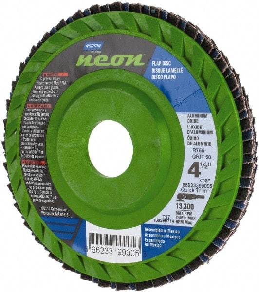 Norton - 60 Grit, 4-1/2" Disc Diam, 7/8" Center Hole, Type 27 Ceramic Alumina Flap Disc - 13,300 Max RPM, Polyester Backing, Arbor Attaching System, Coated - Eagle Tool & Supply