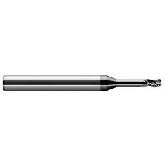 Corner Radius End Mill: 0.047″ Dia, 0.07″ LOC, 0.005″ Radius, 3 Flutes, Solid Carbide 2-1/2″ OAL, 1/8″ Shank Dia, 30 ° Helix, Amorphous Diamond Coated, Corner Radius End