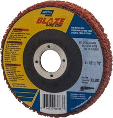 Norton - 4-1/2" Extra Coarse Grade Aluminum Oxide/Ceramic Deburring Disc - 7/8" Center Hole, Arbor Connection, Orange, 12,000 Max RPM - Eagle Tool & Supply