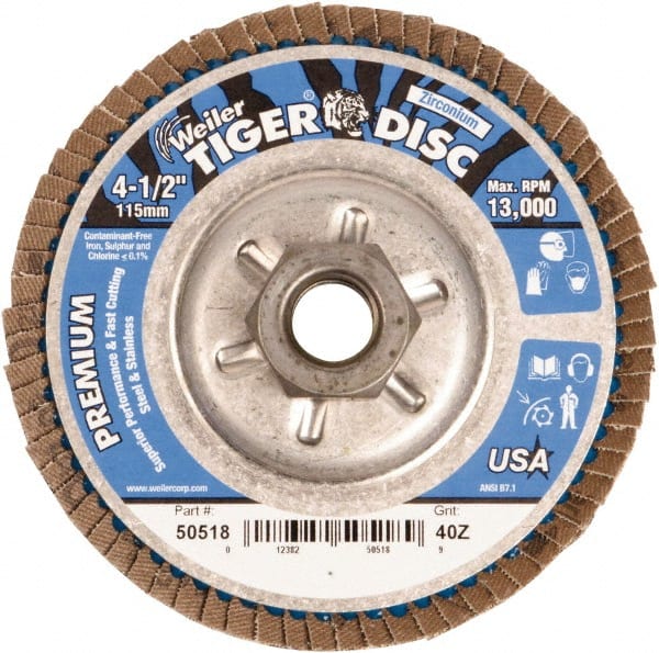 Weiler - 4-1/2" 40 Grit 5/8-11 Center Hole Type 29 Zirconia Alumina Flap Disc - Eagle Tool & Supply
