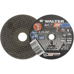 WALTER Surface Technologies - 3" 24 Grit Aluminum Oxide Cutoff Wheel - 1/2" Thick, 3/8" Arbor, 25,470 Max RPM, Use with Die Grinders - Eagle Tool & Supply