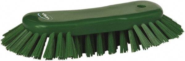 Vikan - 1.3" Bristle Length, Polyester Utility Scrub Brush - 7-3/4" Long x 3" Wide Head, 8" OAL, European Threaded Handle, Green, Polypropylene Block - Eagle Tool & Supply