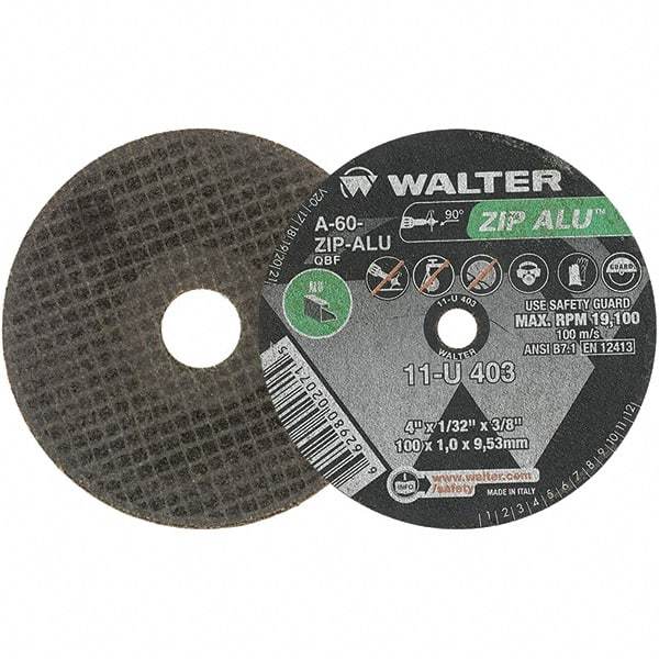 WALTER Surface Technologies - 4" 60 Grit Aluminum Oxide Cutoff Wheel - 1/32" Thick, 3/8" Arbor, 19,100 Max RPM, Use with Angle Grinders - Eagle Tool & Supply