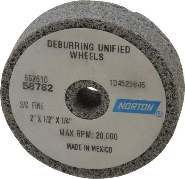Norton - 2" Diam, 1/2" Face Width, 1/4" Center Hole, Very Fine Grade, Silicon Carbide Deburring Wheel - Unitized, Medium Grade, 20,000 RPM - Eagle Tool & Supply