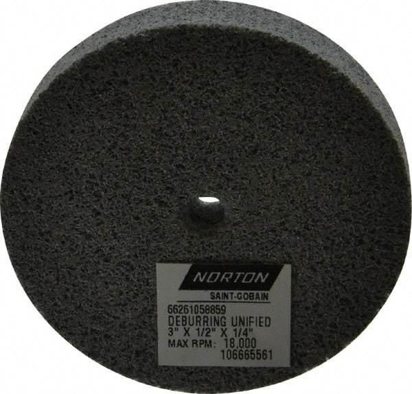 Norton - 3" Diam, 1/2" Face Width, 1/4" Center Hole, Very Fine Grade, Silicon Carbide Deburring Wheel - Unitized, Medium Grade, 18,000 RPM - Eagle Tool & Supply