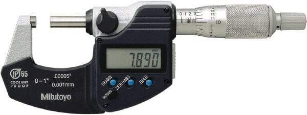 Mitutoyo - 0.0001 Inch Resolution, Standard Throat, Electronic Outside Micrometer - Includes Stand - Eagle Tool & Supply
