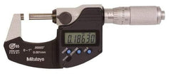 Mitutoyo - 0.0001 Inch Resolution, Standard Throat, Electronic Outside Micrometer - Includes Stand - Eagle Tool & Supply
