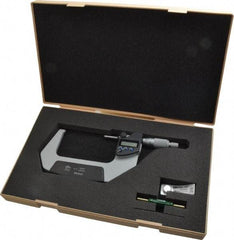 Mitutoyo - 3 to 4 Inch Range, 0.0001 Inch Resolution, Standard Throat, IP65 Electronic Outside Micrometer - 0.0001 Inch Accuracy, Ratchet Stop Thimble, Carbide Face, SR44 Battery, Data Output, Plastic Case - Eagle Tool & Supply