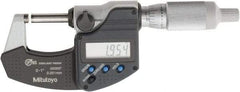 Mitutoyo - 0 to 1 Inch Range, 0.0001 Inch Resolution, Standard Throat, IP65 Electronic Outside Micrometer - 0.0001 Inch Accuracy, Ratchet Friction Thimble, Carbide Face, SR44 Battery, Plastic Case, Includes NIST Traceable Certification of Inspection - Eagle Tool & Supply