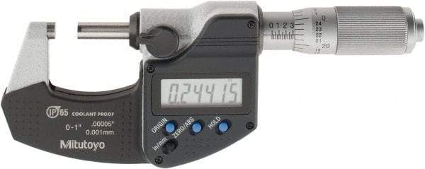 Mitutoyo - 0 to 1 Inch Range, 0.0001 Inch Resolution, Standard Throat, IP65, Electronic Outside Micrometer - 0.0001 Inch Accuracy, Friction Thimble, Carbide Face, SR44 Battery, Plastic Case, Includes NIST Traceable Certification of Inspection - Eagle Tool & Supply