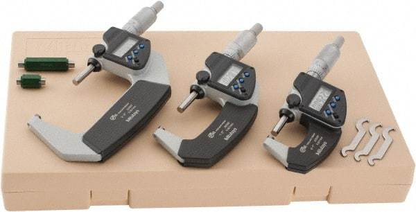Mitutoyo - 0 to 3" Range, 0.001mm Resolution, IP65, 3 Piece Electronic Outside Micrometer Sets - 0.001mm Accuracy, Ratchet Stop Thimble, Carbide Measuring Face - Eagle Tool & Supply