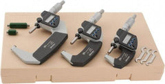 Mitutoyo - 0 to 3" Range, 0.001mm Resolution, IP65, 3 Piece Electronic Outside Micrometer Sets - 0.001mm Accuracy, Ratchet Stop Thimble, Carbide Measuring Face - Eagle Tool & Supply
