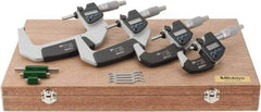 Mitutoyo - 0 to 4" Range, 0.001mm Resolution, IP65, 4 Piece Electronic Outside Micrometer Sets - 0.001, 0.002mm Accuracy, Ratchet Stop Thimble, Carbide Measuring Face - Eagle Tool & Supply