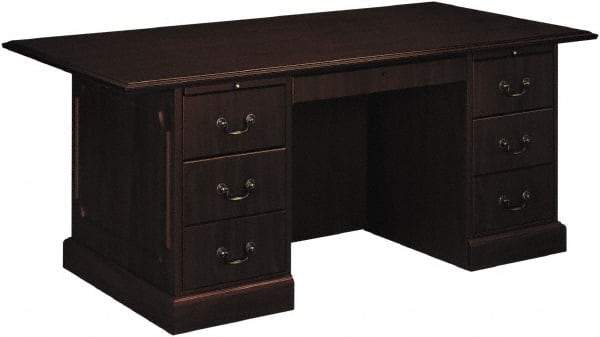 Hon - High Pressure Laminate Double Pedestal Desk with Center Drawer - 72" Wide x 36" Deep x 29-1/2" High, Mahogany - Eagle Tool & Supply