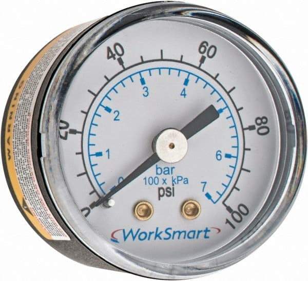 Value Collection - 1-1/2" Dial, 1/8 Thread, 0-100 Scale Range, Pressure Gauge - Center Back Connection Mount, Accurate to 3-2-3% of Scale - Eagle Tool & Supply