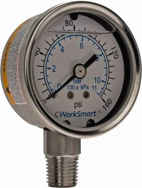 Value Collection - 2" Dial, 1/4 Thread, 0-160 Scale Range, Pressure Gauge - Lower Connection Mount, Accurate to 3-2-3% of Scale - Eagle Tool & Supply