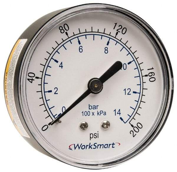 Value Collection - 2-1/2" Dial, 1/4 Thread, 0-200 Scale Range, Pressure Gauge - Center Back Connection Mount, Accurate to 3-2-3% of Scale - Eagle Tool & Supply