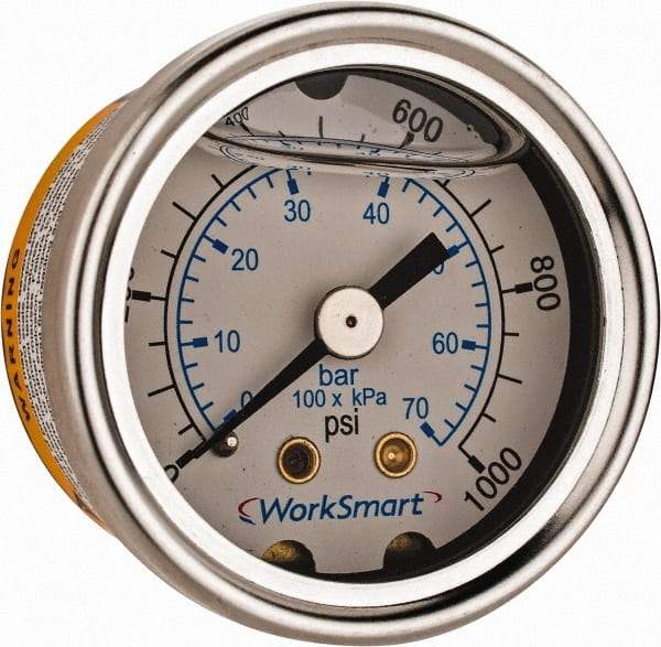 Value Collection - 1-1/2" Dial, 1/8 Thread, 0-1,000 Scale Range, Pressure Gauge - Center Back Connection Mount, Accurate to 3-2-3% of Scale - Eagle Tool & Supply