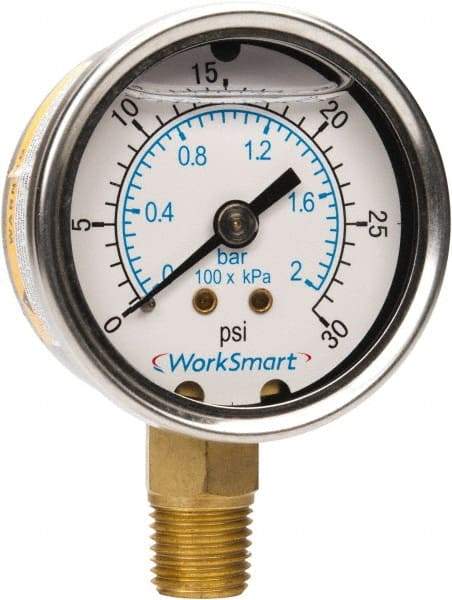 Value Collection - 2" Dial, 1/4 Thread, 0-30 Scale Range, Pressure Gauge - Lower Connection Mount, Accurate to 3-2-3% of Scale - Eagle Tool & Supply