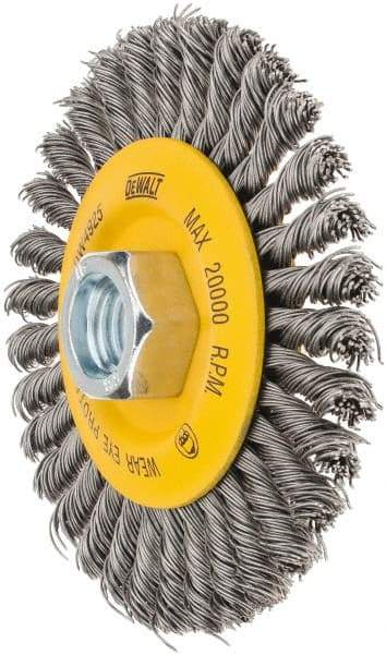 DeWALT - 4" OD, 5/8-11 Arbor Hole, Stringer Bead Steel Wheel Brush - 3/8" Face Width, 7/8" Trim Length, 0.02" Filament Diam, 20,000 RPM - Eagle Tool & Supply