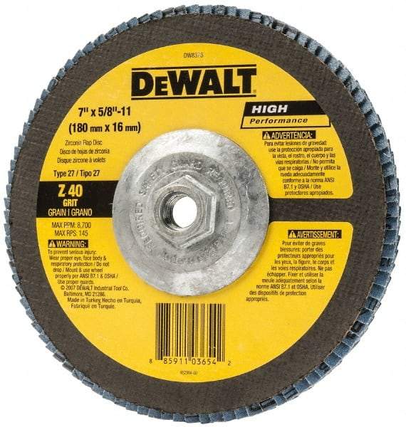 DeWALT - 40 Grit, 7" Disc Diam, 5/8-11 Center Hole, Type 27 Zirconia Alumina Flap Disc - 8,700 Max RPM, Fiberglass Backing, Arbor Attaching System, Coated - Eagle Tool & Supply