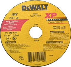 DeWALT - 5" 60 Grit Zirconia Alumina Cutoff Wheel - 0.045" Thick, 7/8" Arbor, 12,200 Max RPM, Use with Circular Saws - Eagle Tool & Supply